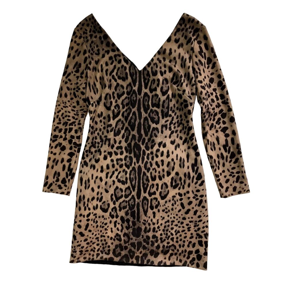 Alberto Makali Tan Black Cheetah Print Deep V-Neck Fitted Dress Size L